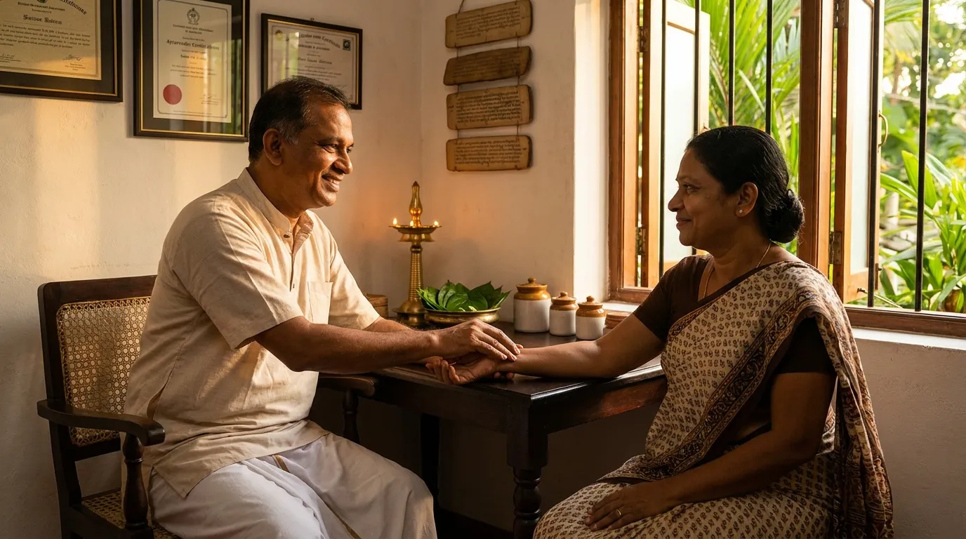 Ayurvedic physician consultation and pulse diagnosis at Seth Arana