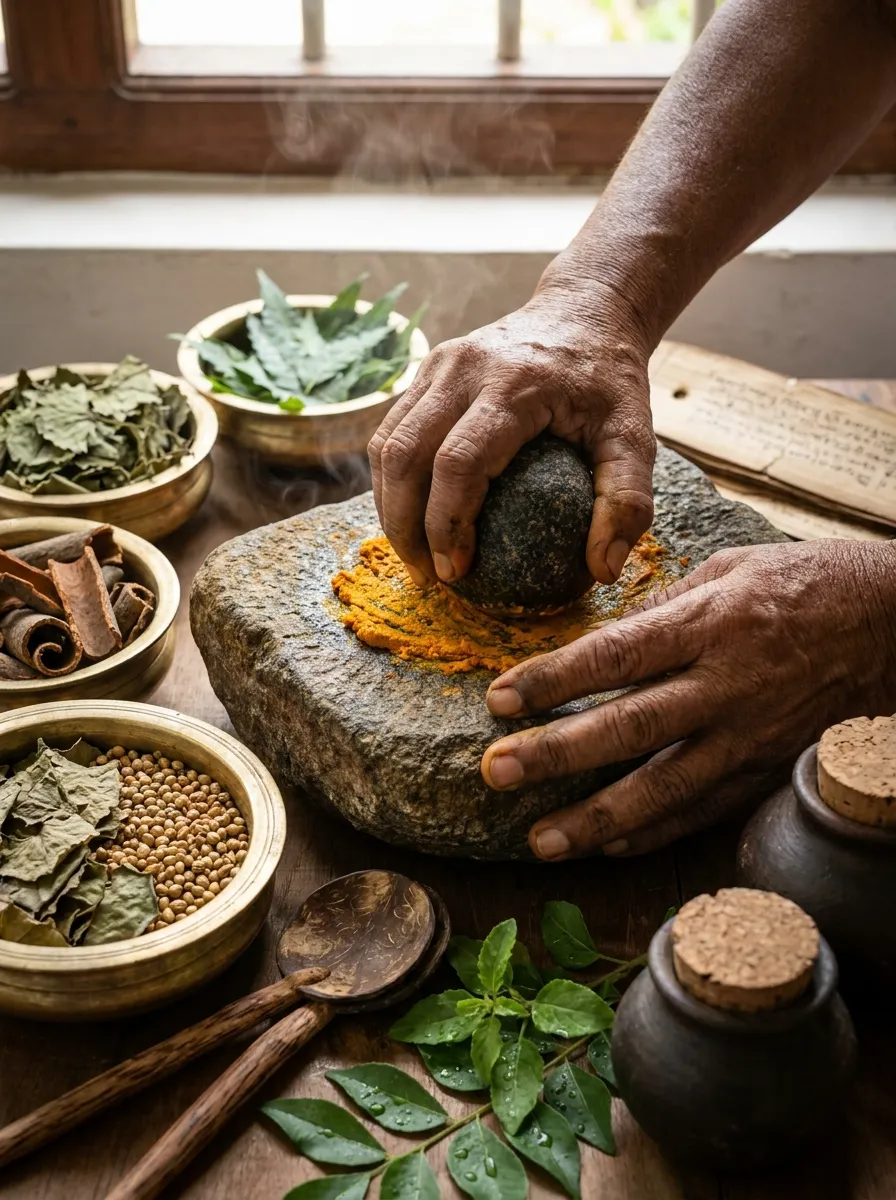 Seth Arana Ayurvedic Shirodhara treatment room with traditional brass oil lamps and wooden massage table