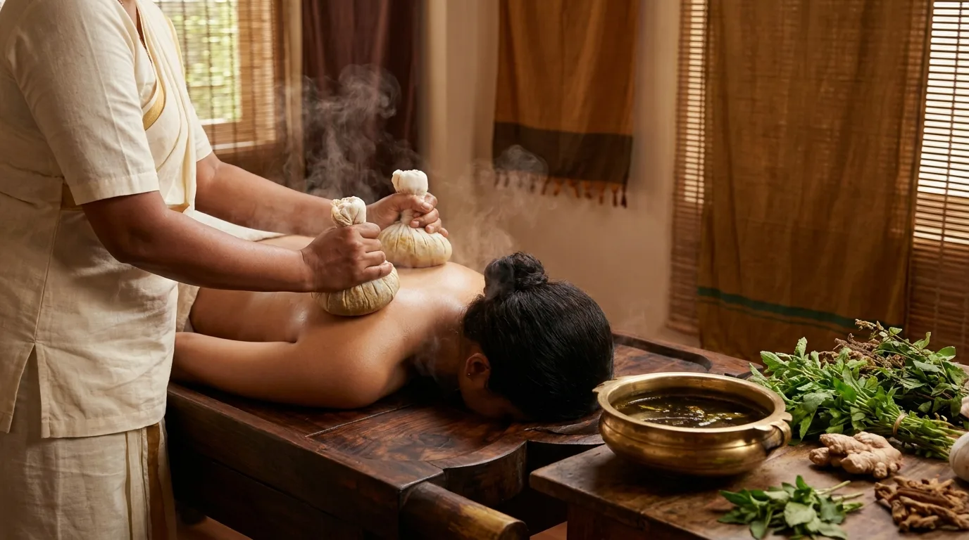 Navarakkizhi rejuvenating therapy with warm medicated rice poultices massage at Seth Arana Ayurveda