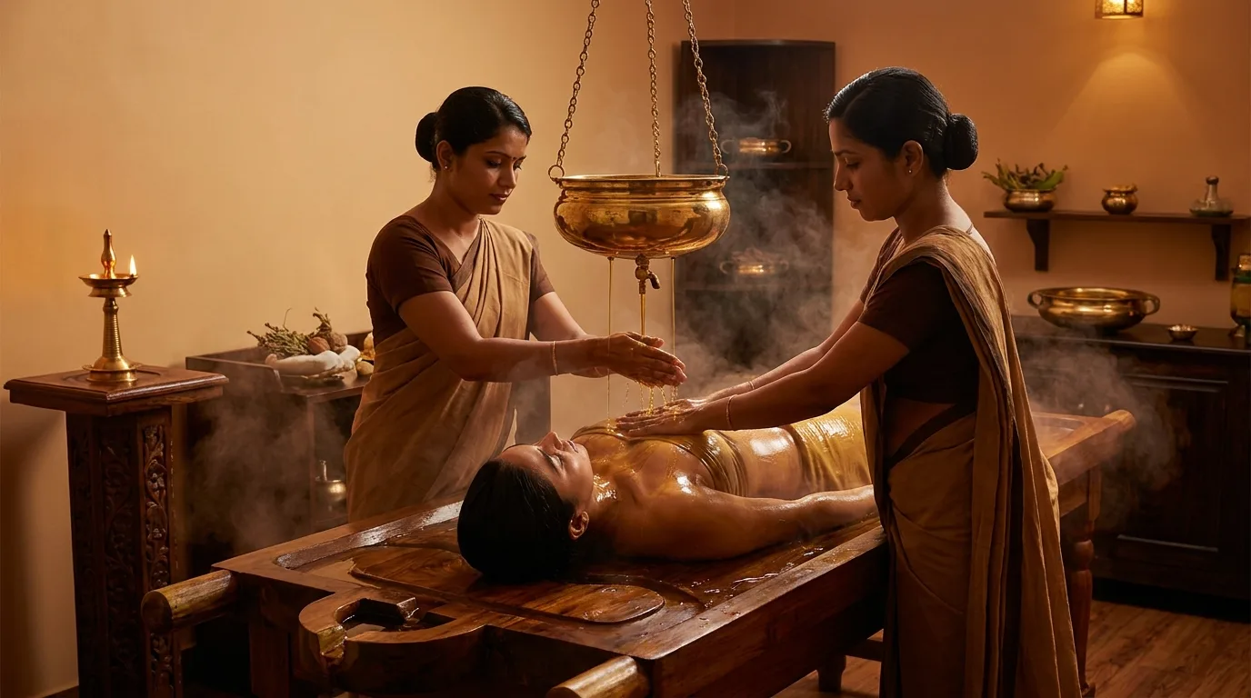 Sarvangadhara full body warm medicated oil pouring treatment with gentle massage at Seth Arana Ayurveda