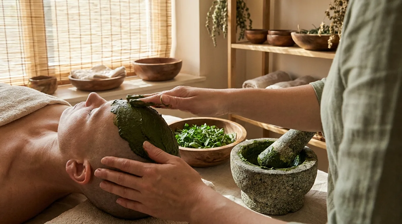 Shirolepa medicated herbal paste applied over scalp treatment at Seth Arana Ayurveda