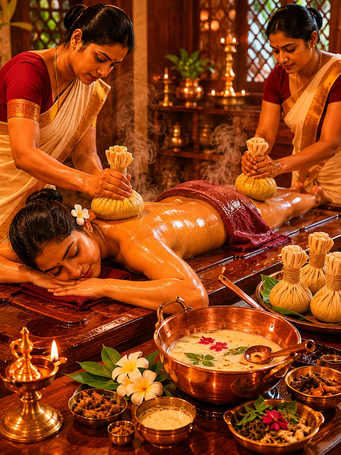 Navarakkizhi rejuvenating therapy with warm medicated rice poultices massage at Seth Arana Ayurveda