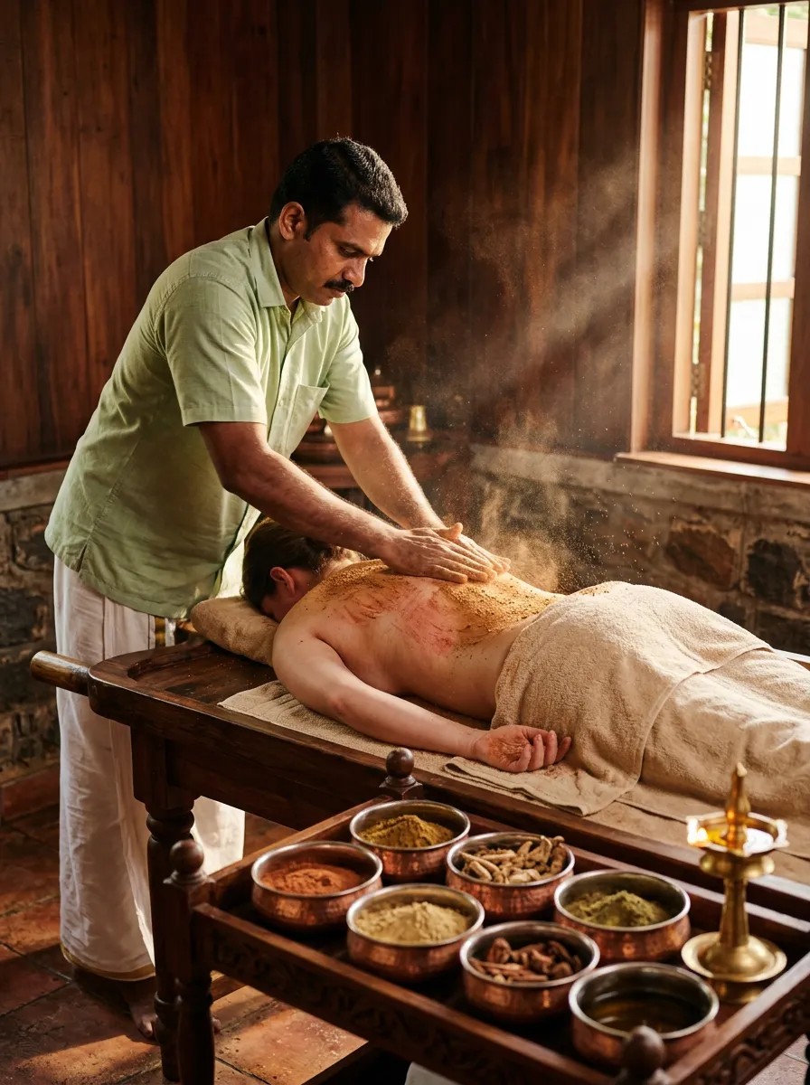 Udwarthana upward herbal powder massage for fat reduction and detoxification at Seth Arana Ayurveda
