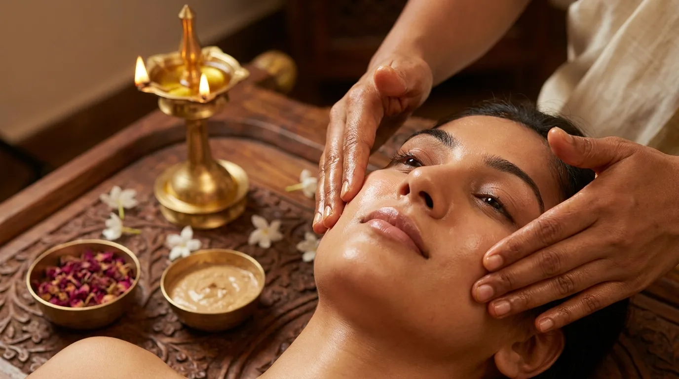 Ayurvedic face massage treatment for skin glow nourishment and anti-aging at Seth Arana Ayurveda