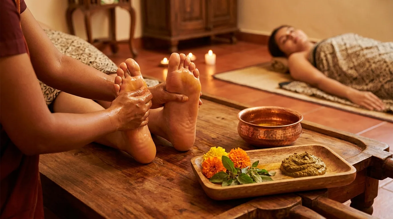 Traditional Ayurvedic foot massage Padabhyanga for sleep improvement and foot pain relief at Seth Arana