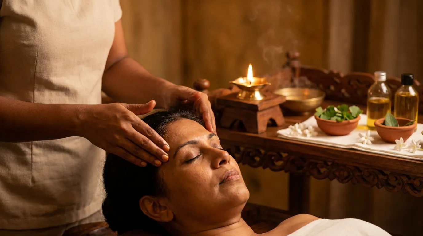 Traditional Ayurvedic head massage Shiro Abhyanga therapy for stress relief and improved sleep at Seth Arana Kotte