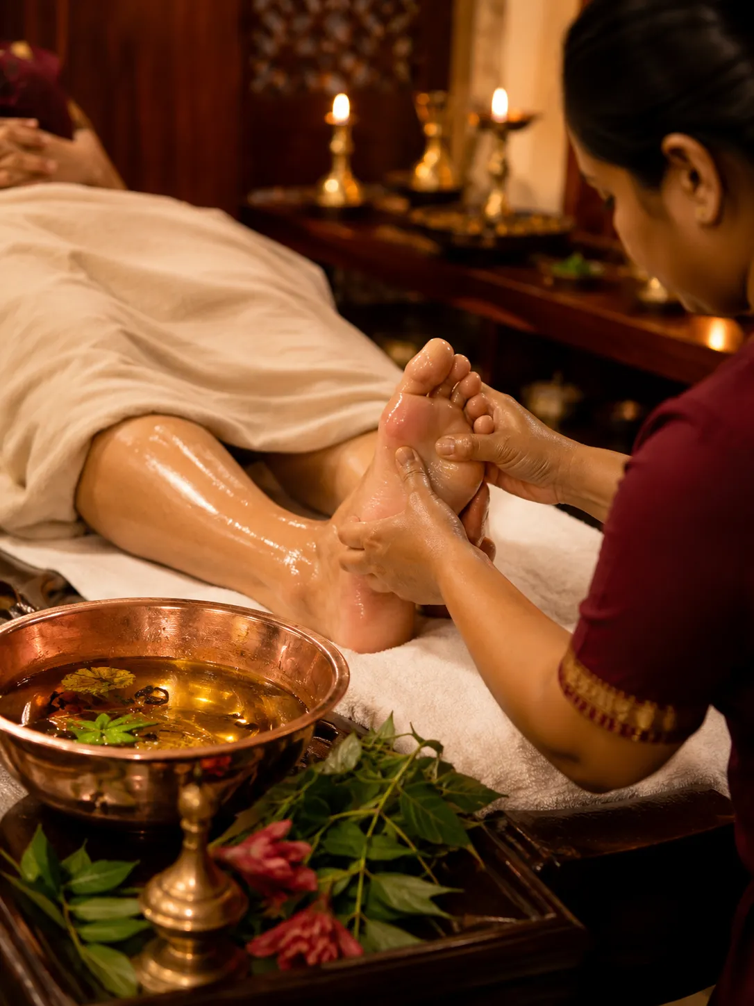 Traditional Ayurvedic foot massage Padabhyanga for sleep improvement and foot pain relief at Seth Arana